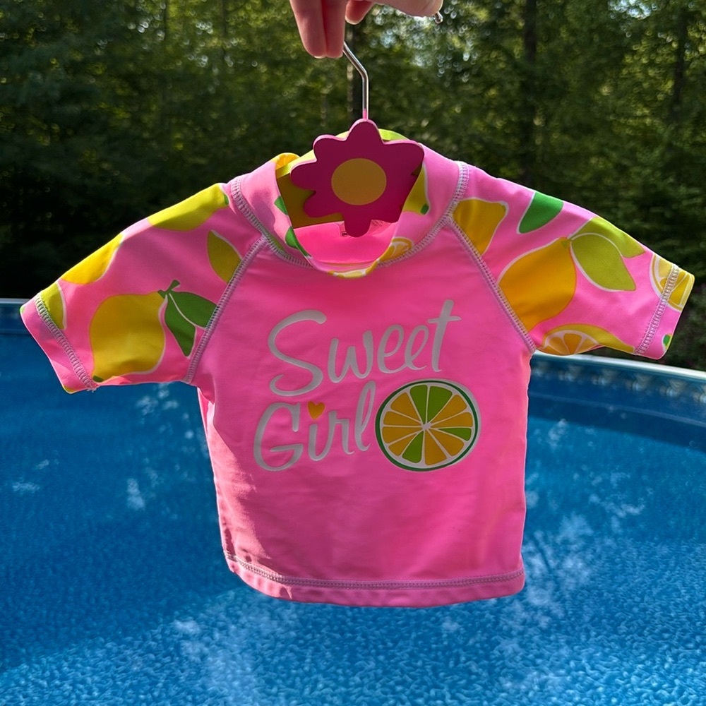 Carters 2 baby girl bathing suits 6-9 mo. 1 pc. flamingo, 2 pc. lemon rashguard - Picture 3 of 11
